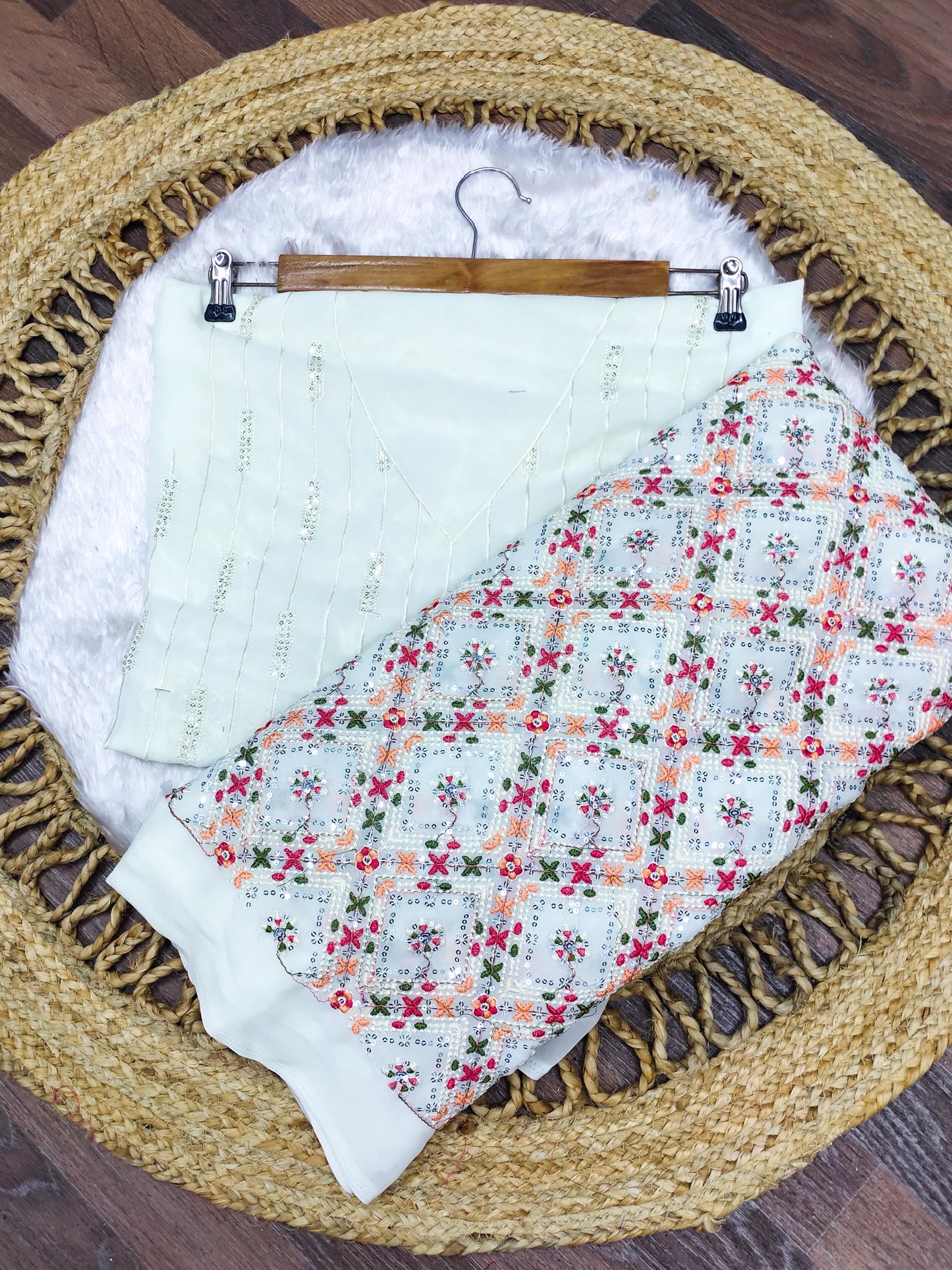 Elegant White Partywear Saree – Multi-Colour Embroidery & Sequin Work