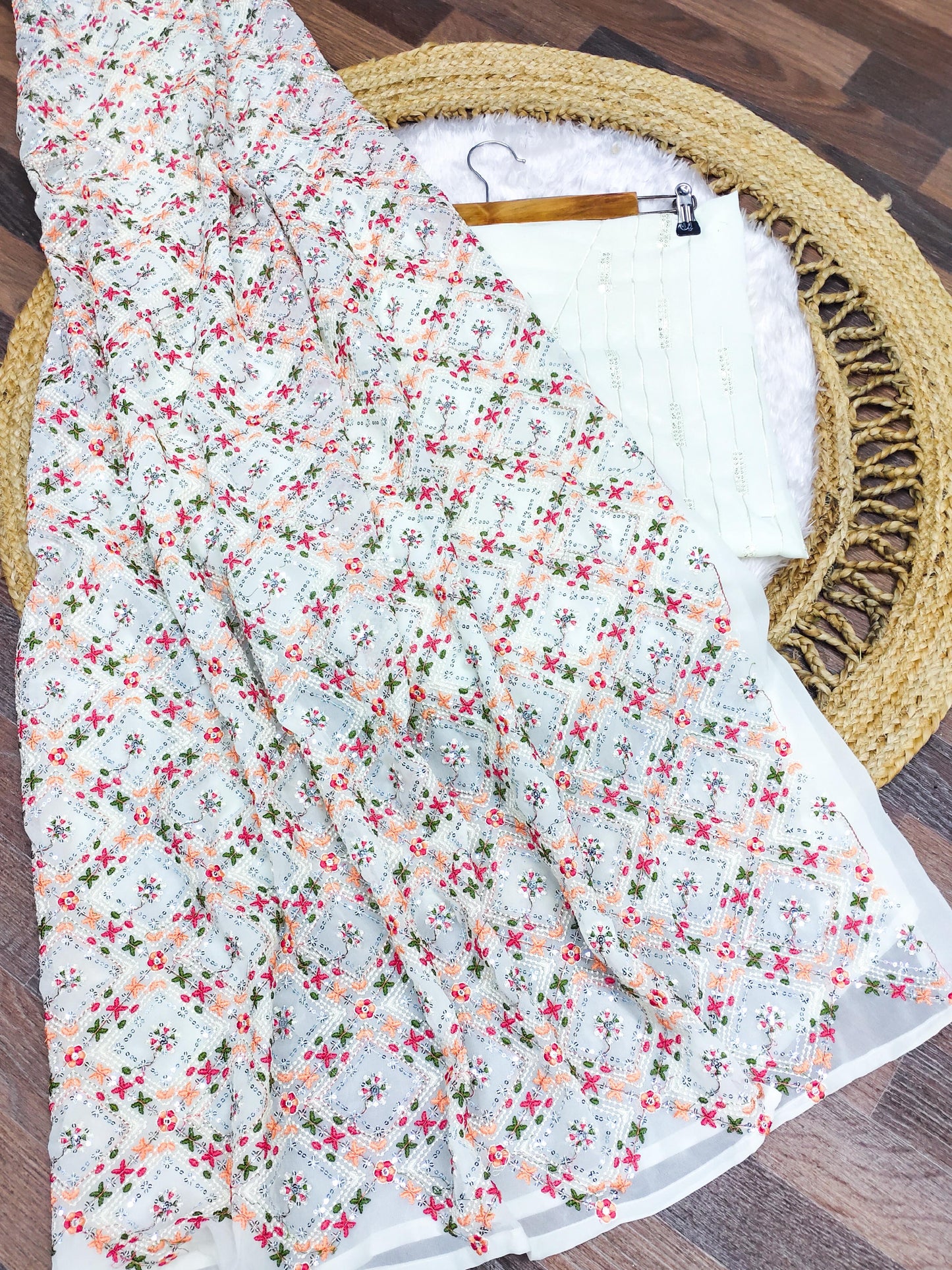 Elegant White Partywear Saree – Multi-Colour Embroidery & Sequin Work