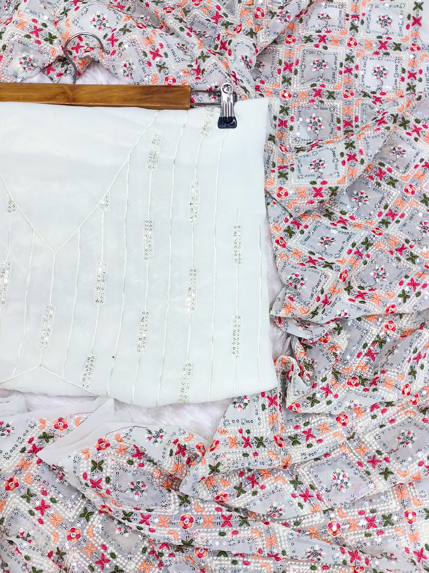 Elegant White Partywear Saree – Multi-Colour Embroidery & Sequin Work