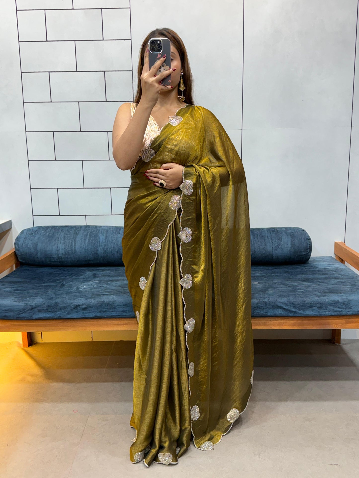 Celebrity Style Loving Heart Diamond Cut Work Saree