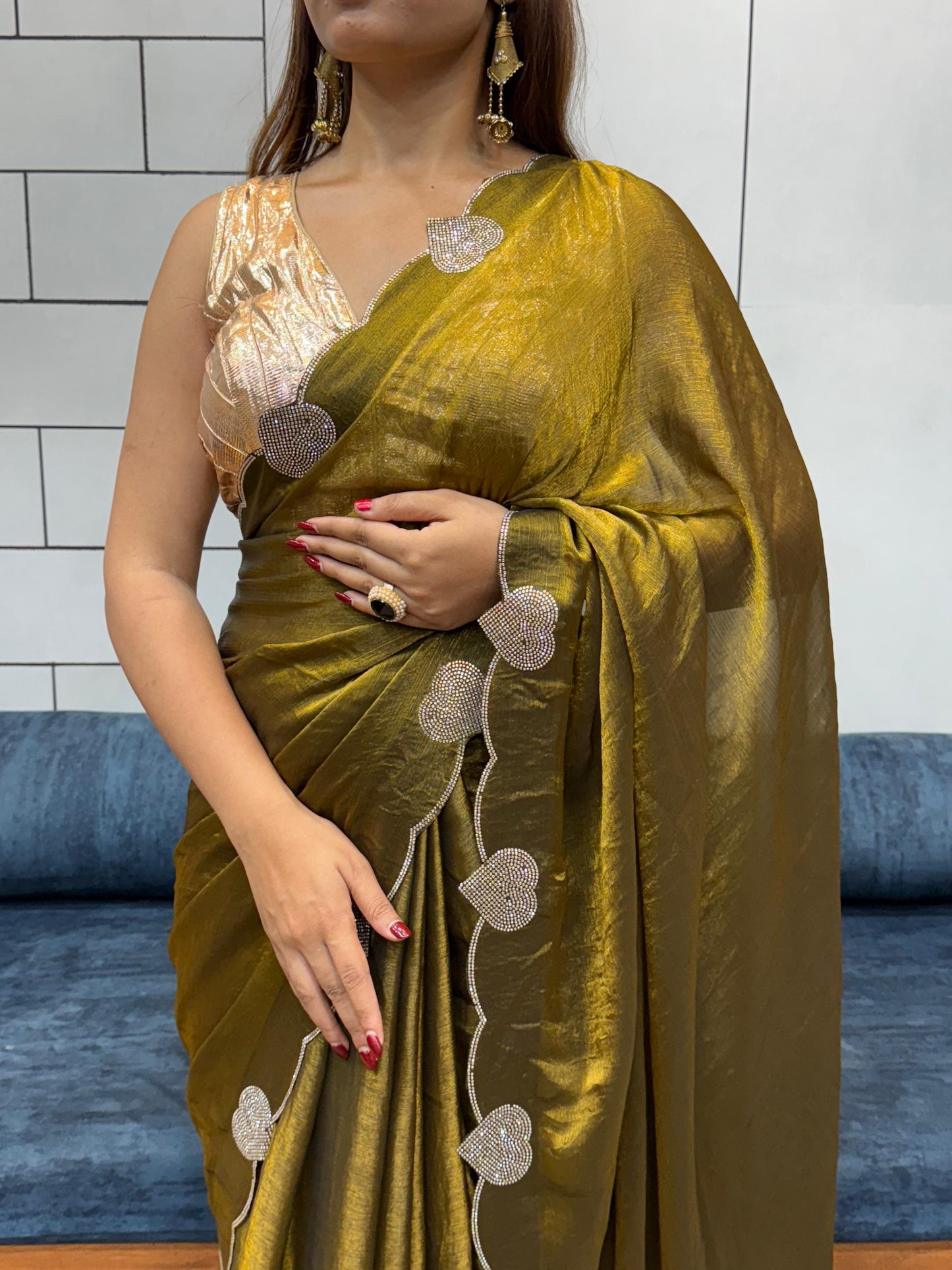 Celebrity Style Loving Heart Diamond Cut Work Saree