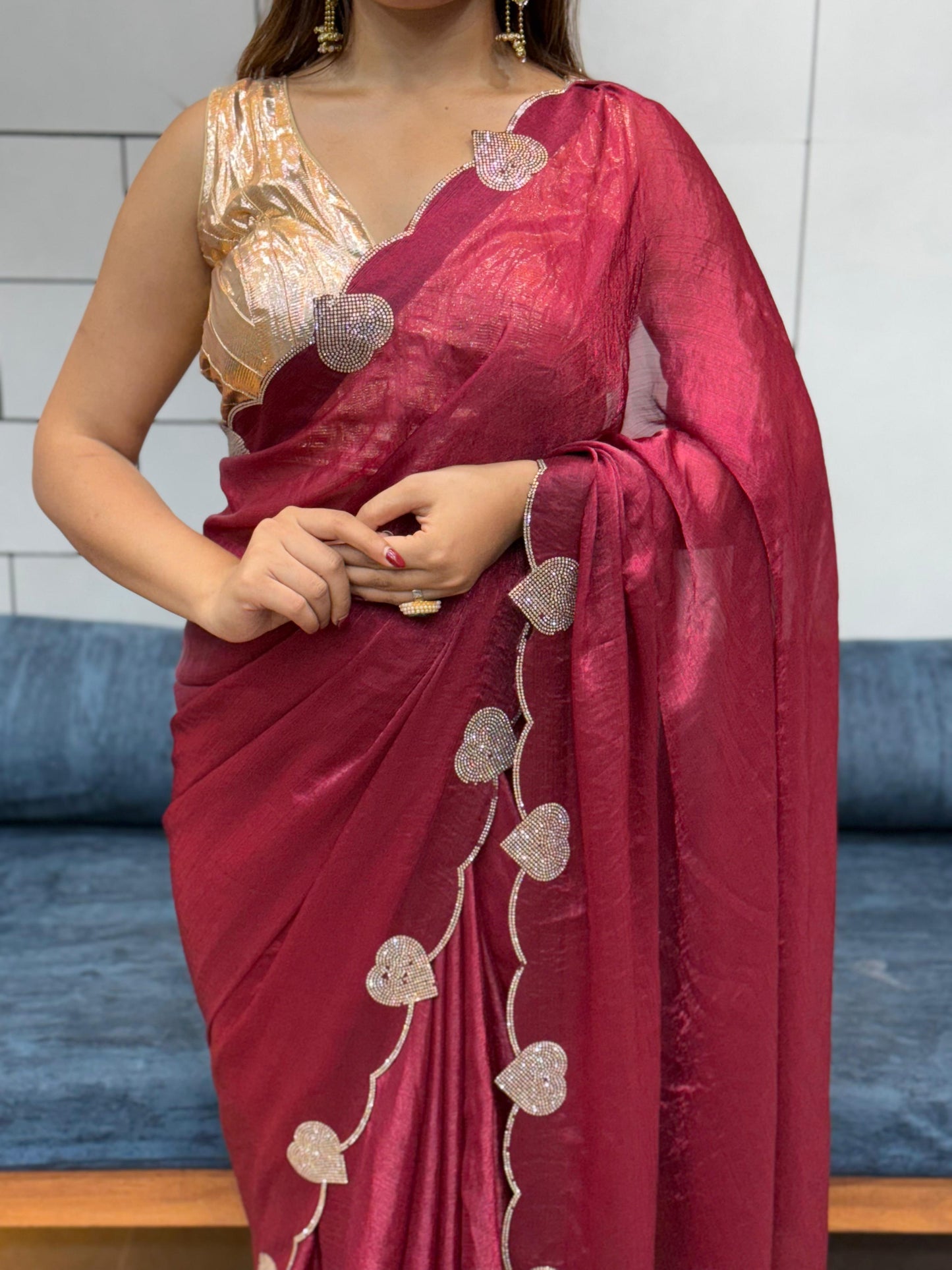 Celebrity Style Loving Heart Diamond Cut Work Saree