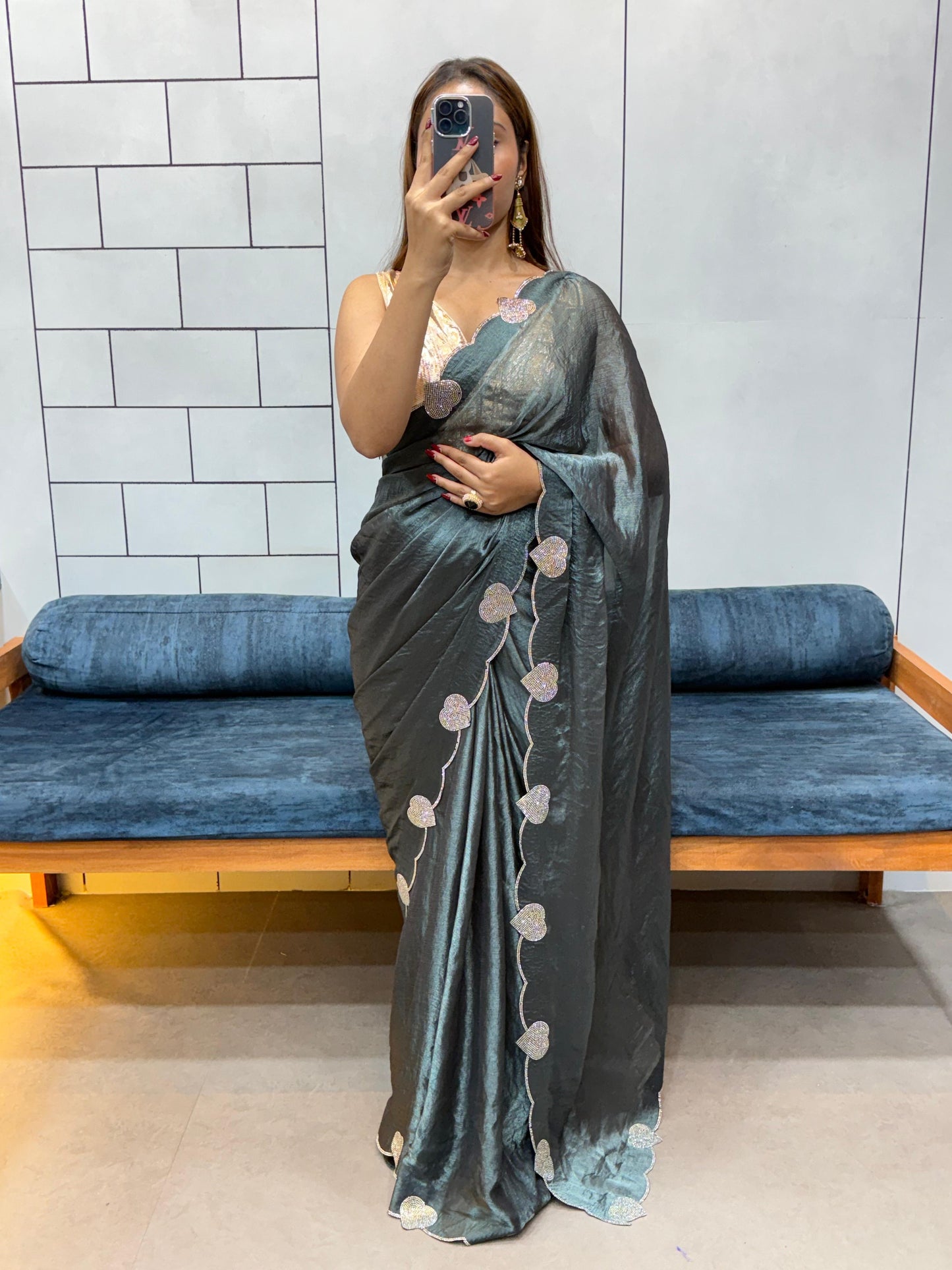 Celebrity Style Loving Heart Diamond Cut Work Saree