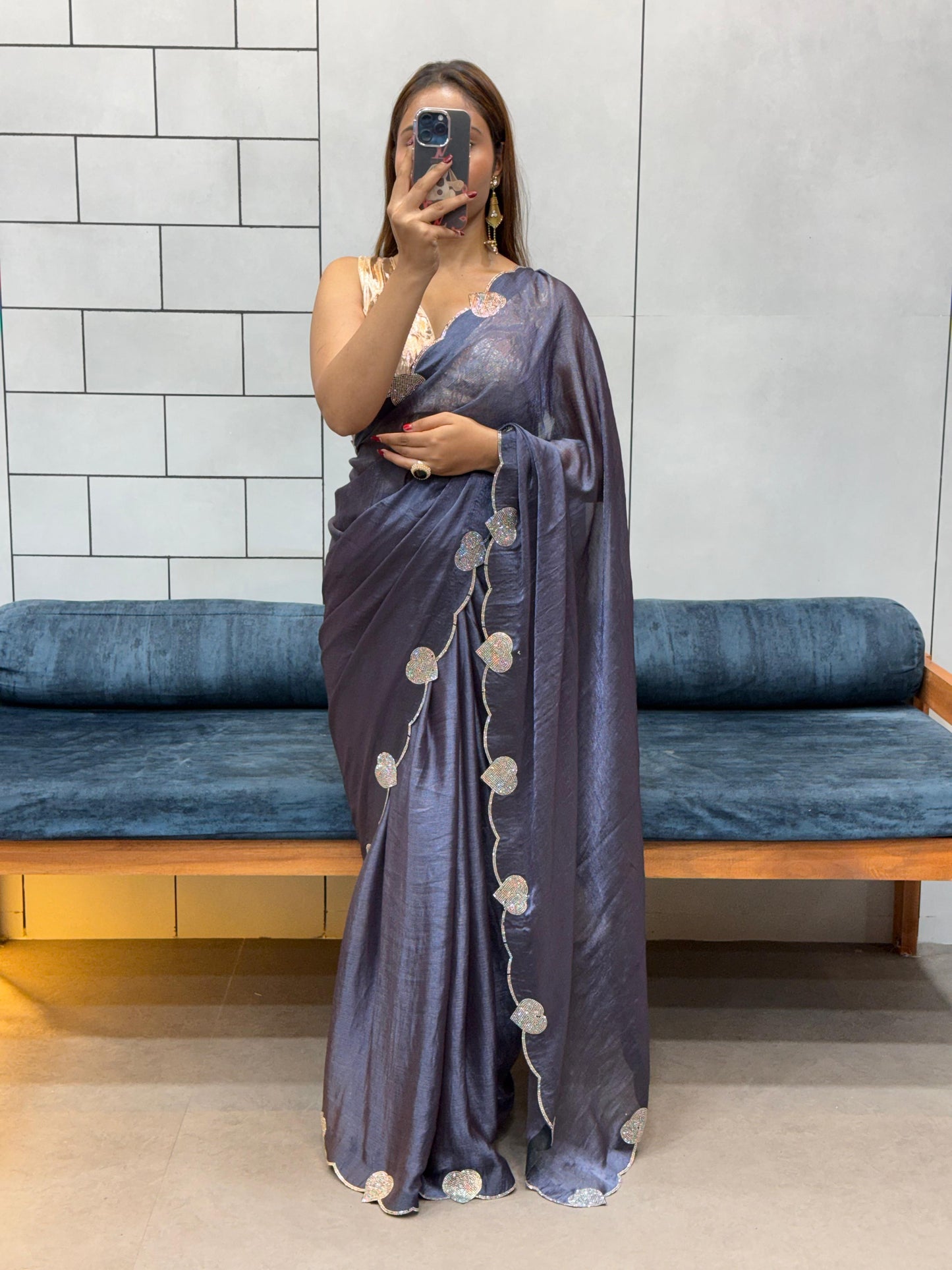 Celebrity Style Loving Heart Diamond Cut Work Saree