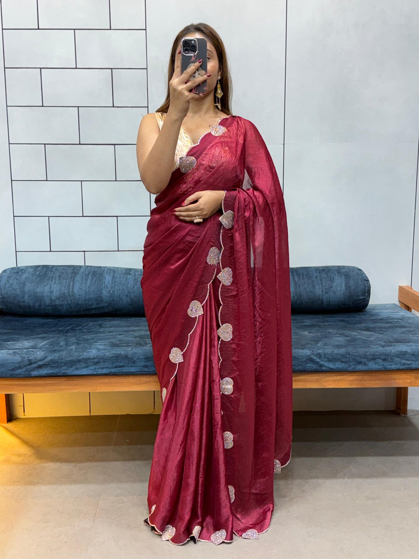 Celebrity Style Loving Heart Diamond Cut Work Saree