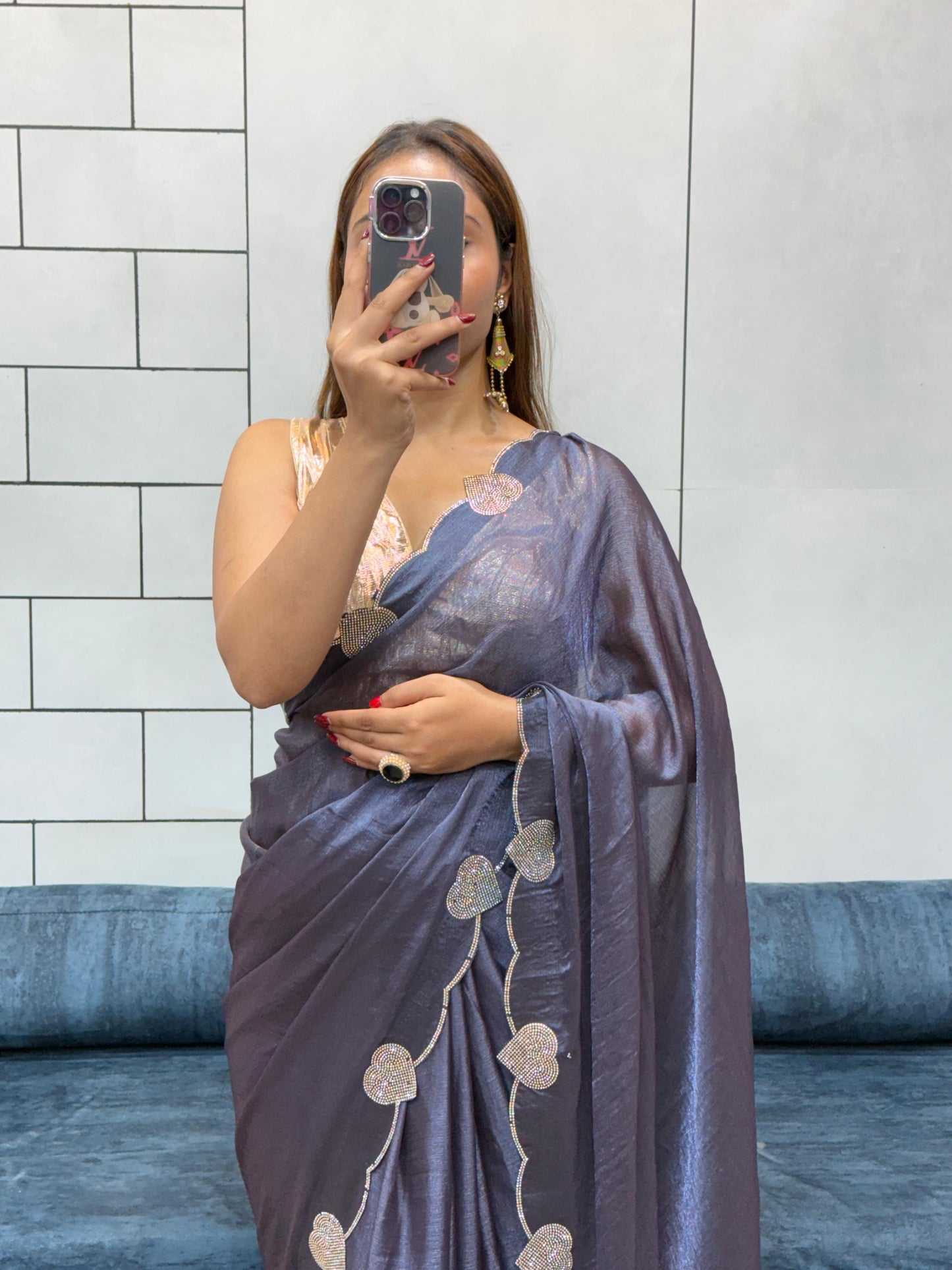Celebrity Style Loving Heart Diamond Cut Work Saree