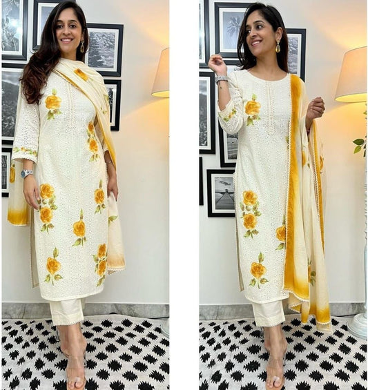 Straight Chicken Shuffle Hand-Painted Kurti Set.