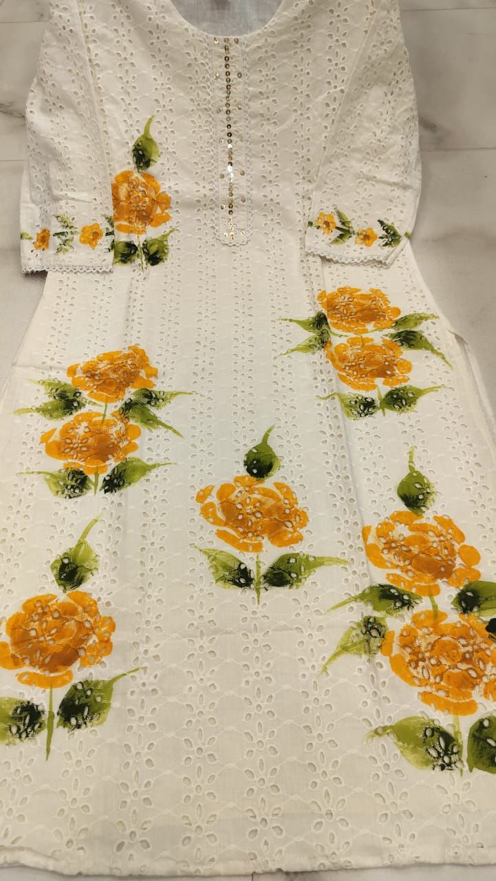 Straight Chicken Shuffle Hand-Painted Kurti Set.