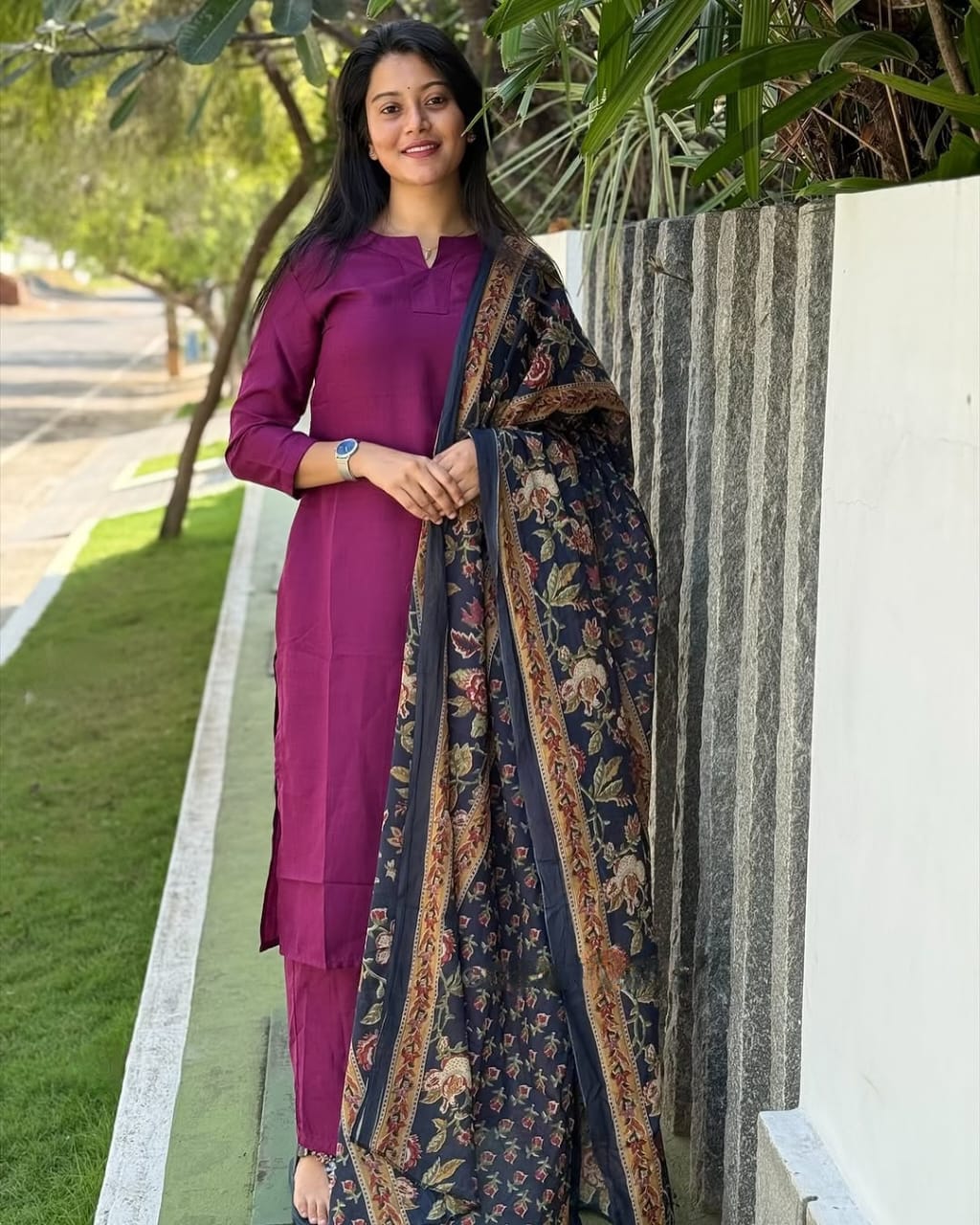 Deep Wine Cotton Slub Kurti Set with Printed Dupatta.