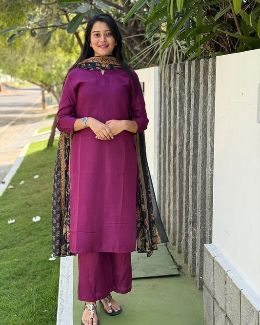 Deep Wine Cotton Slub Kurti Set with Printed Dupatta.