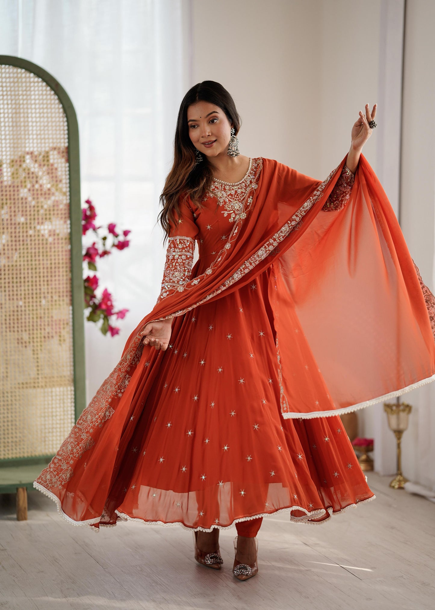 Elegant Embroidered Rainbow Sequence Designer Anarkali Set.