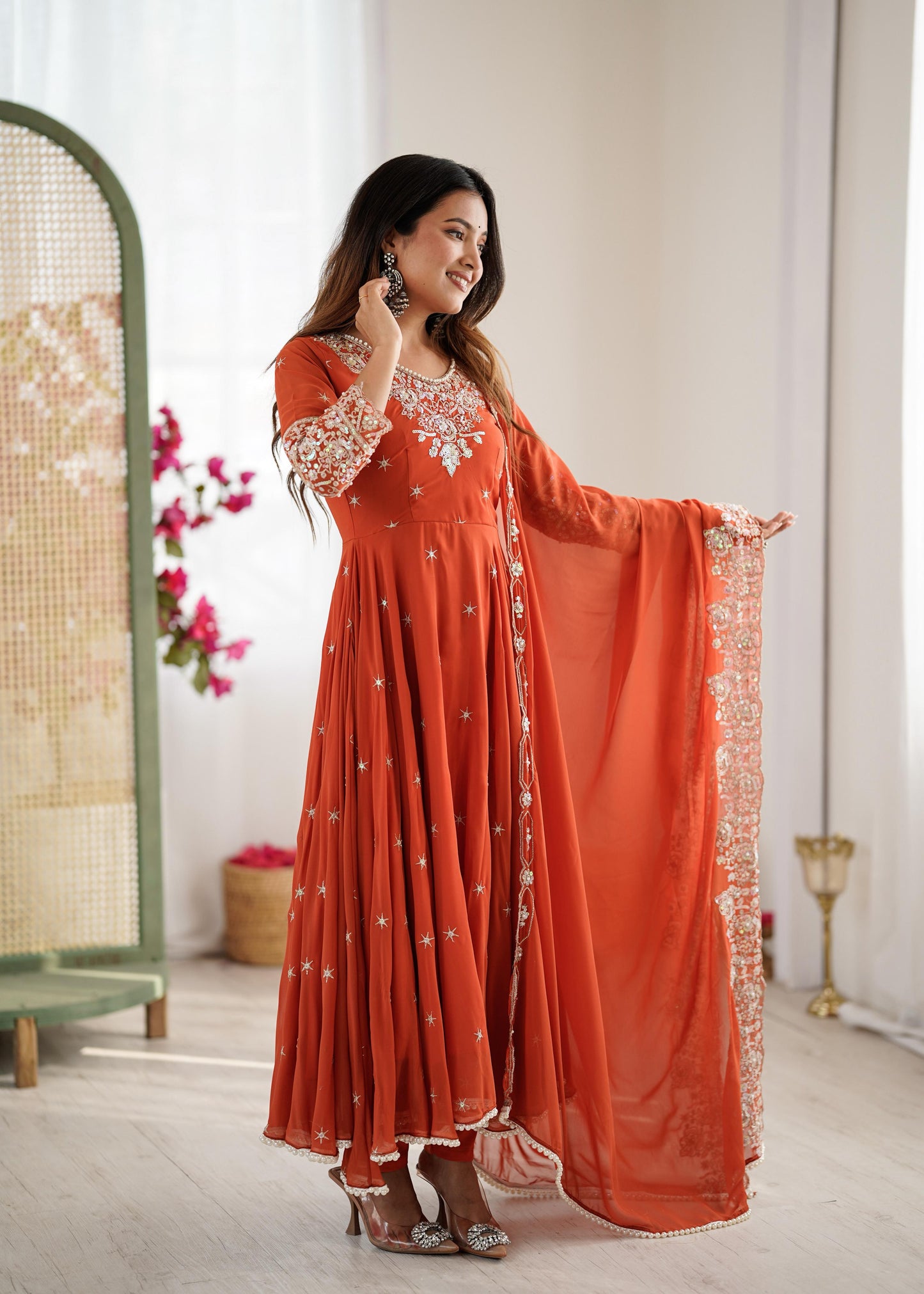 Elegant Embroidered Rainbow Sequence Designer Anarkali Set.