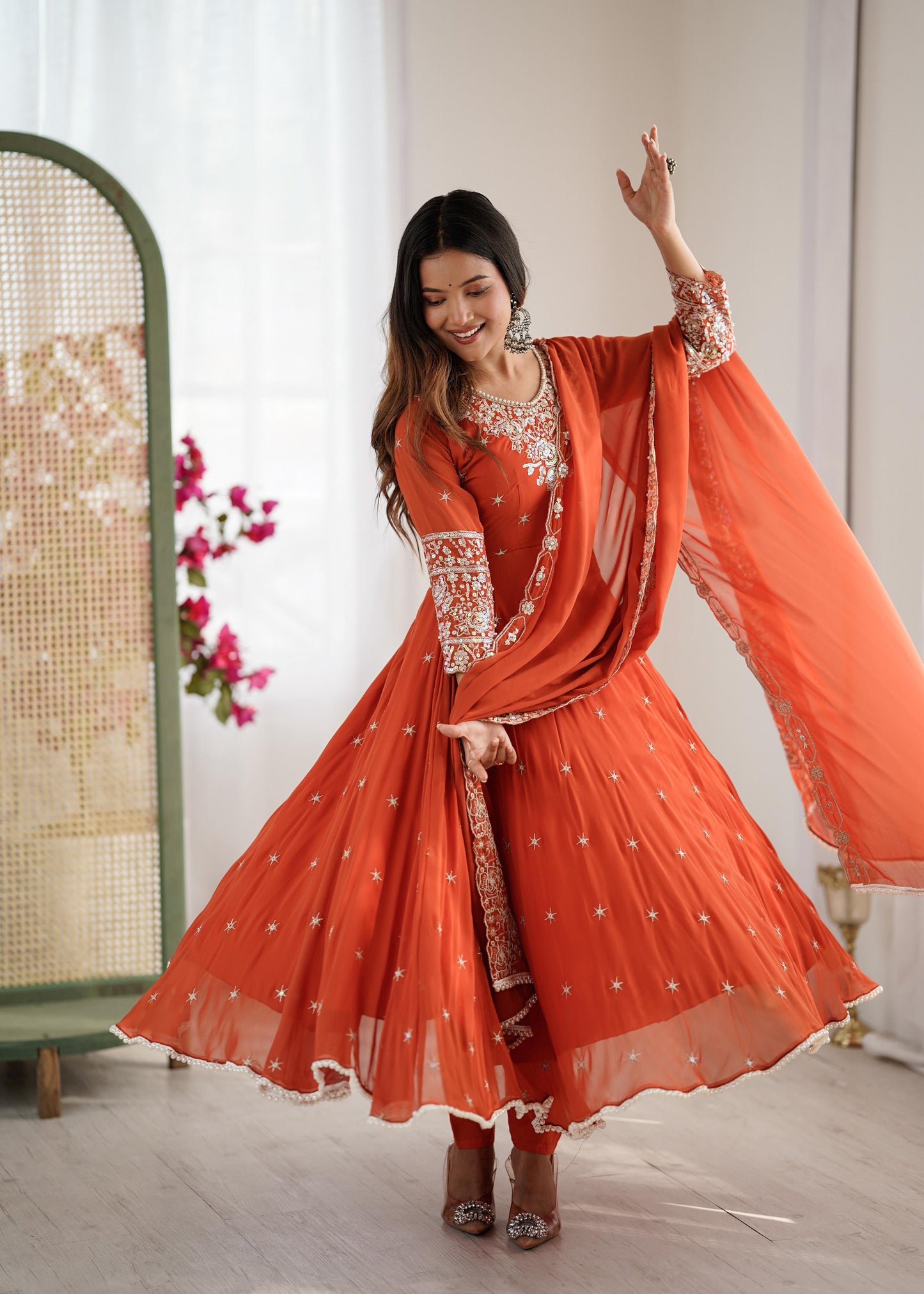 Elegant Embroidered Rainbow Sequence Designer Anarkali Set.