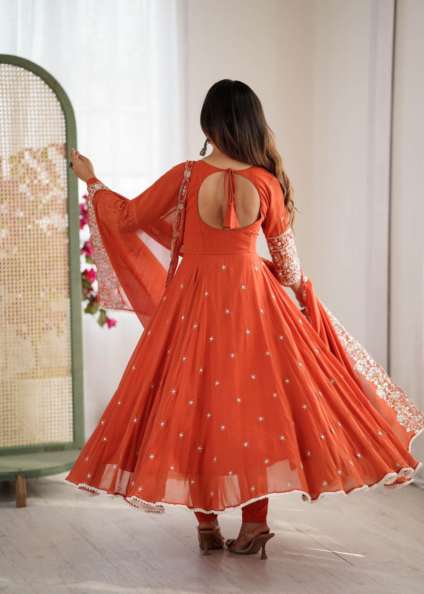 Elegant Embroidered Rainbow Sequence Designer Anarkali Set.