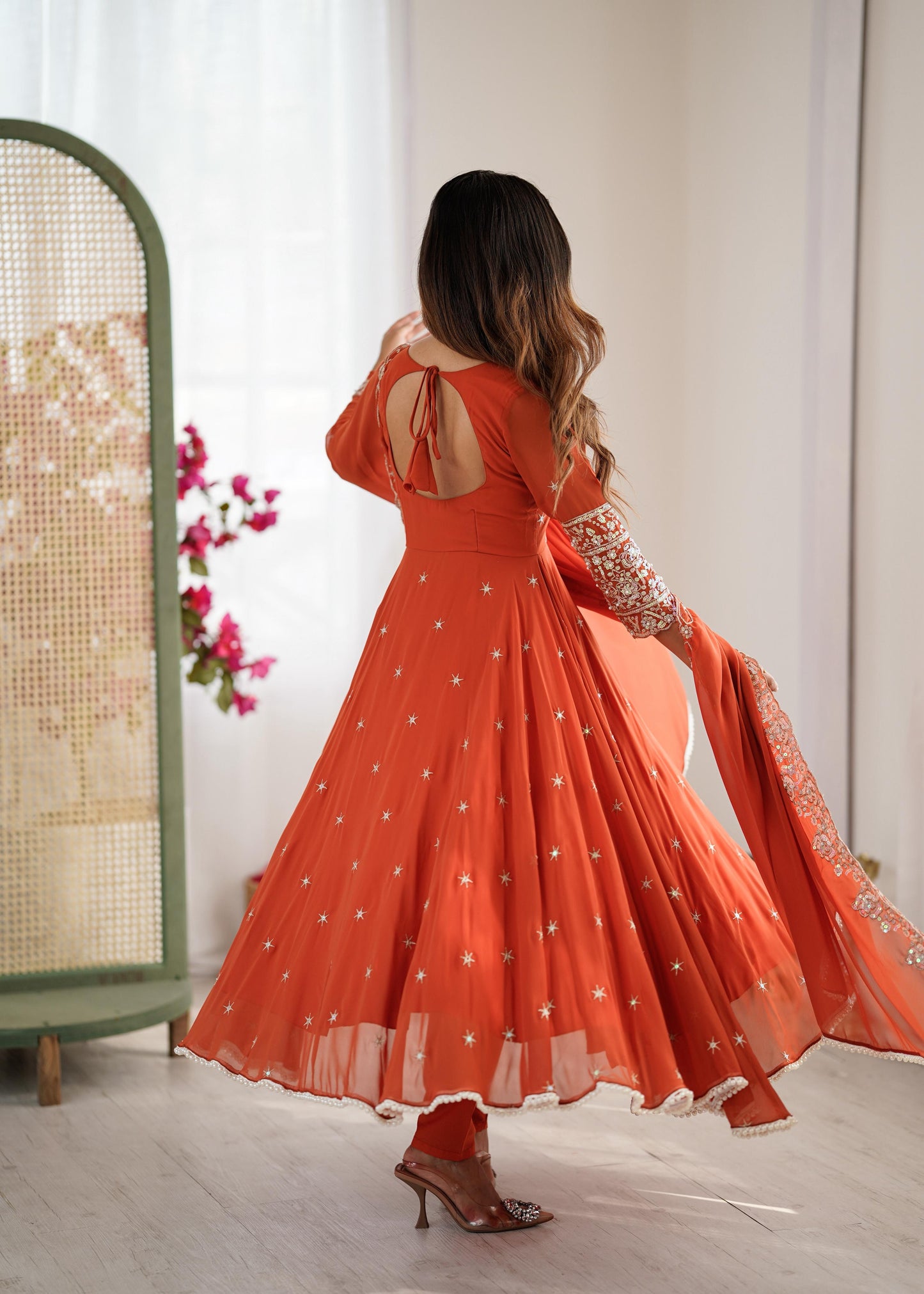 Elegant Embroidered Rainbow Sequence Designer Anarkali Set.