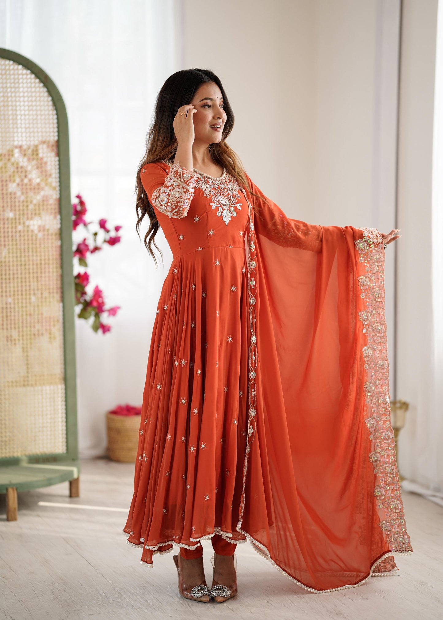Elegant Embroidered Rainbow Sequence Designer Anarkali Set.