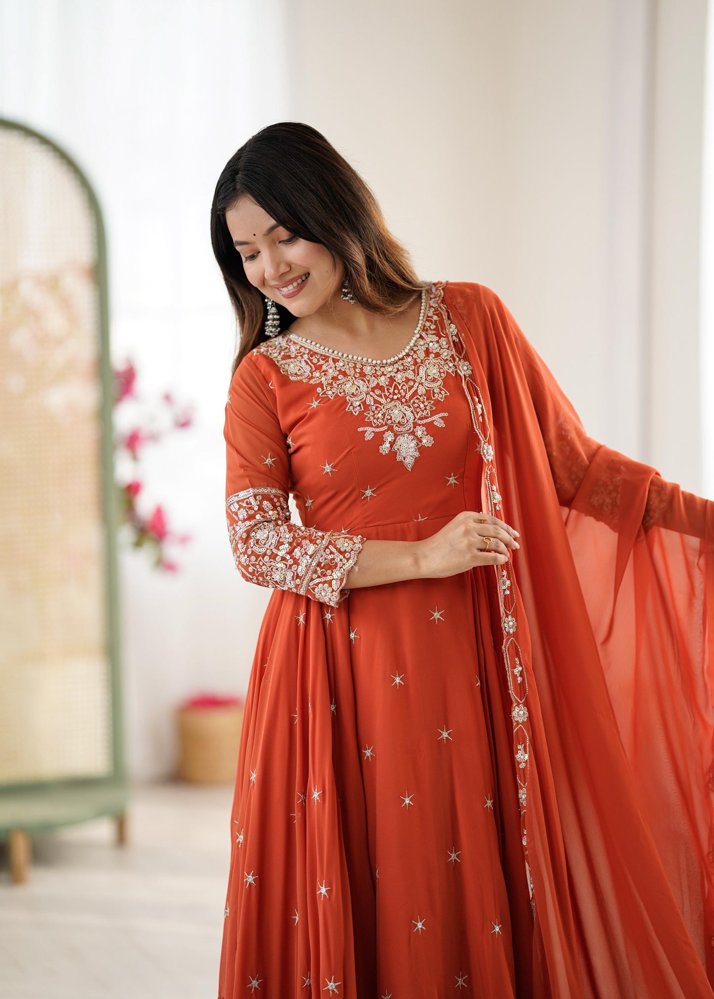 Elegant Embroidered Rainbow Sequence Designer Anarkali Set.