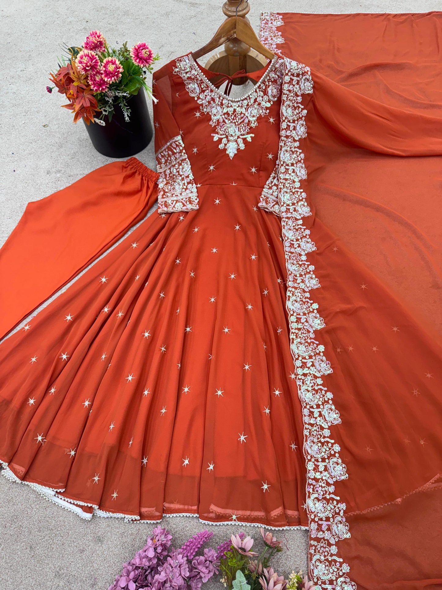 Elegant Embroidered Rainbow Sequence Designer Anarkali Set.