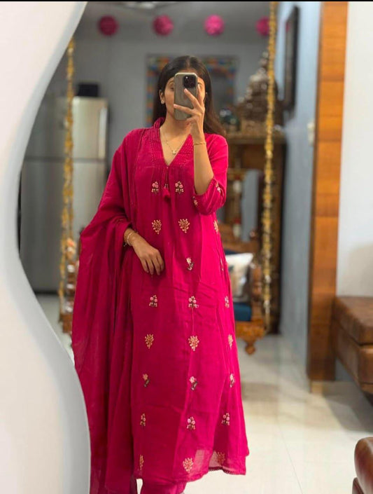 Elegant Pink Cotton Embroidered Kurti Set with Dupatta