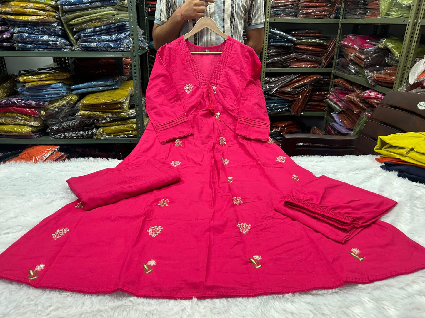 Elegant Pink Cotton Embroidered Kurti Set with Dupatta