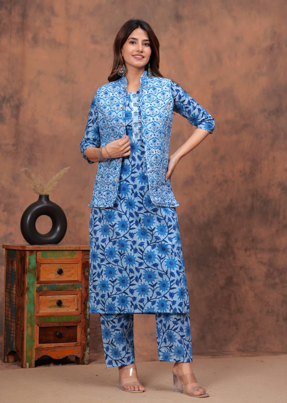 Hand Block Printed Cotton Straight Kurti Set with Reversible Jacket