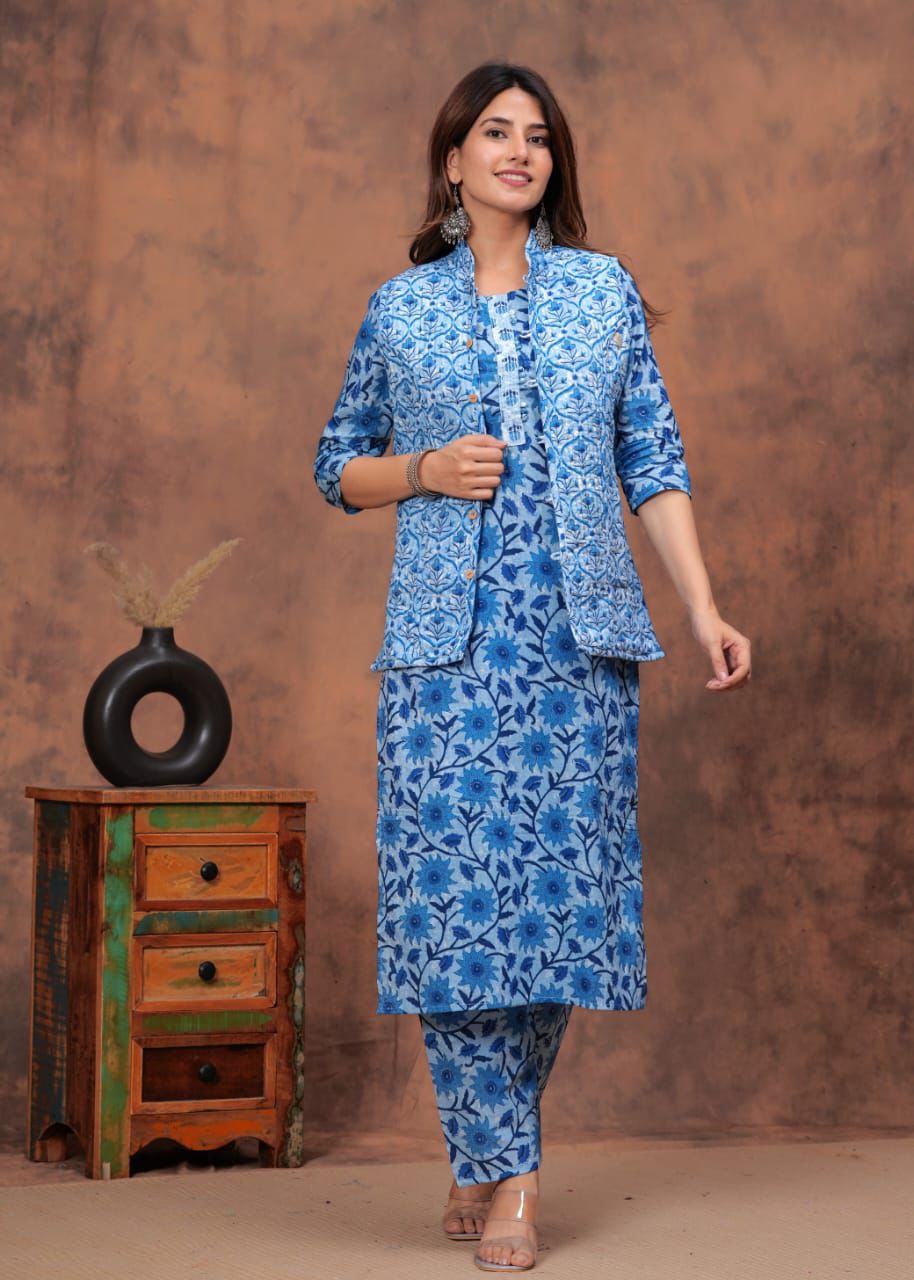 Hand Block Printed Cotton Straight Kurti Set with Reversible Jacket
