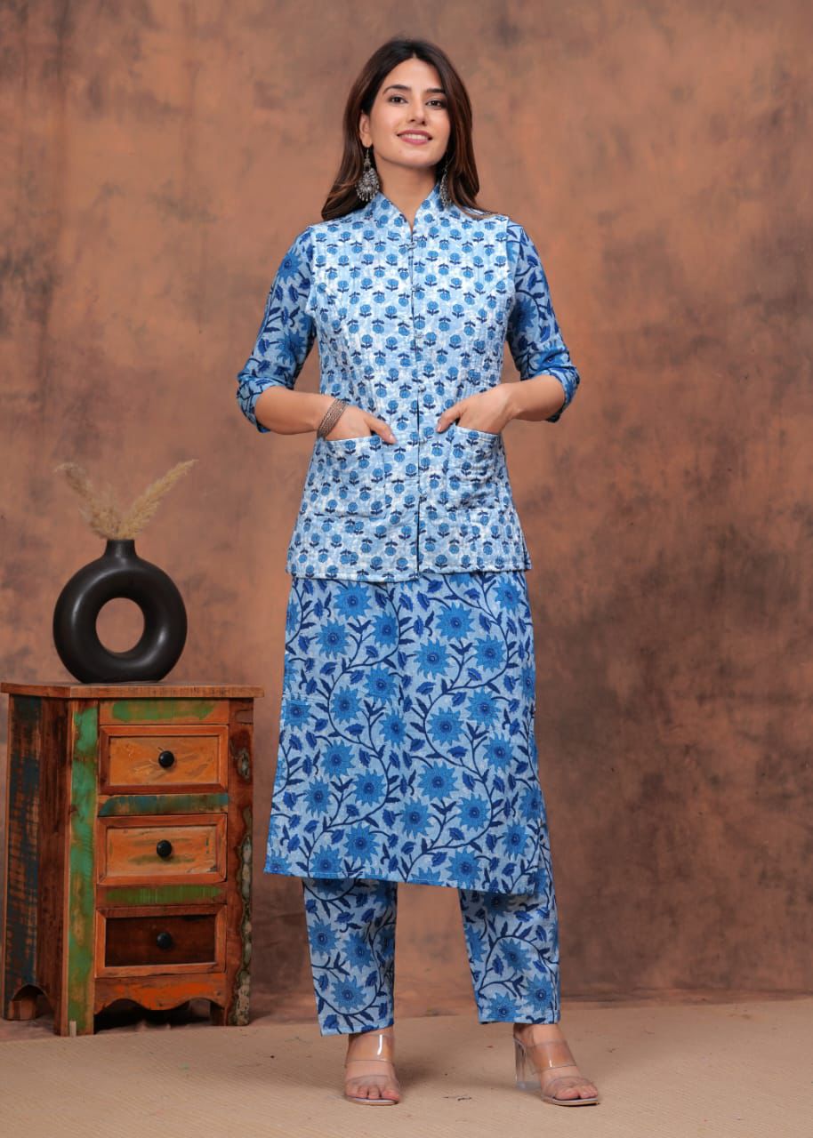 Hand Block Printed Cotton Straight Kurti Set with Reversible Jacket
