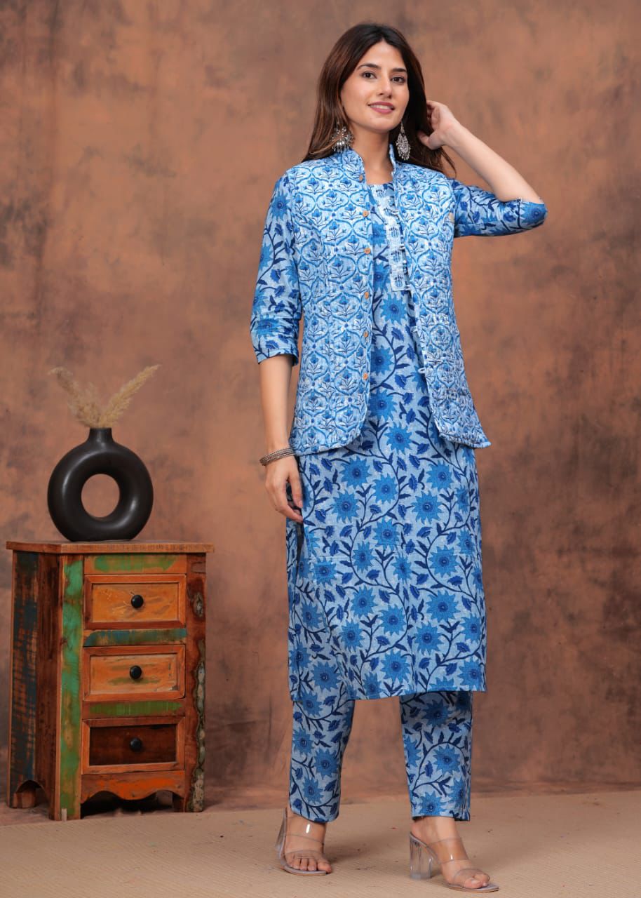 Hand Block Printed Cotton Straight Kurti Set with Reversible Jacket