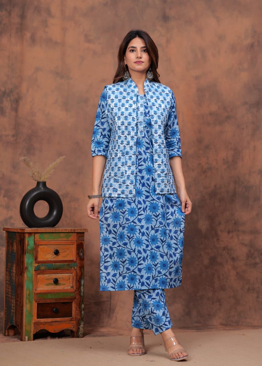 Hand Block Printed Cotton Straight Kurti Set with Reversible Jacket
