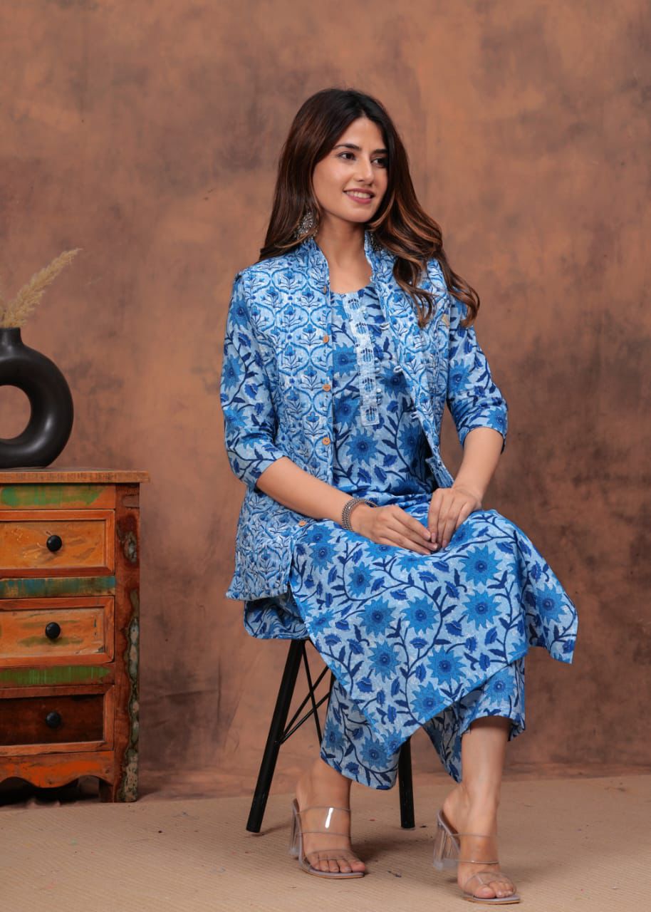 Hand Block Printed Cotton Straight Kurti Set with Reversible Jacket