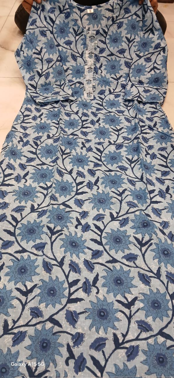 Hand Block Printed Cotton Straight Kurti Set with Reversible Jacket
