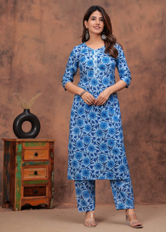 Hand Block Printed Cotton Straight Kurti Set with Reversible Jacket