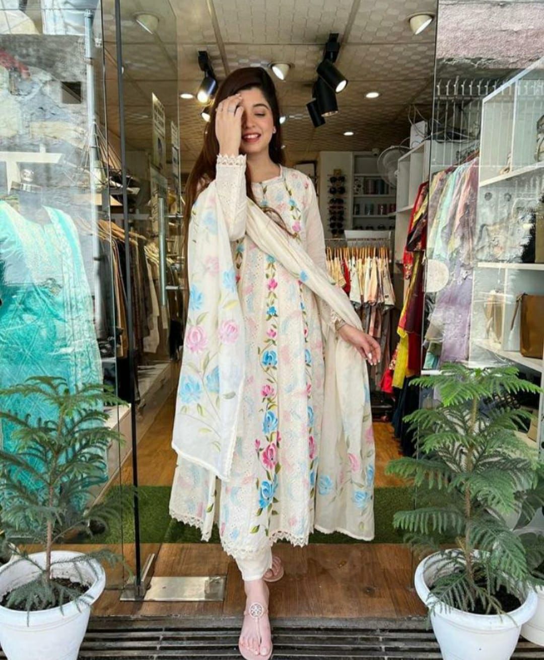 Off-White Anarkali Chicken Sifli Work Set with Mul mul Dupatta.