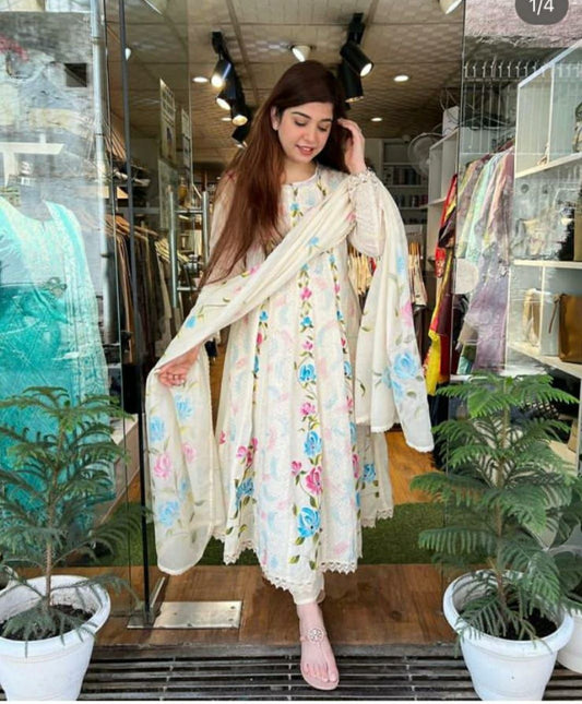Off-White Anarkali Chicken Sifli Work Set with Mul mul Dupatta.