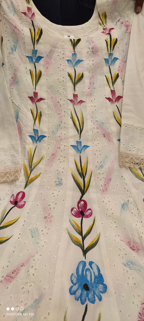 Off-White Anarkali Chicken Sifli Work Set with Mul mul Dupatta.