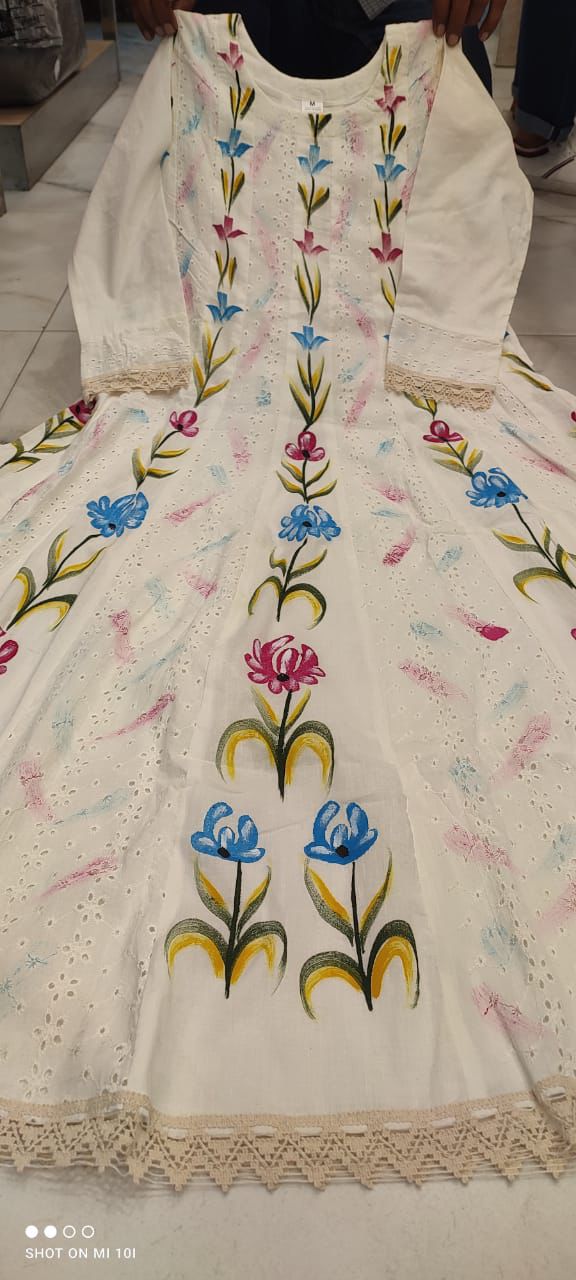 Off-White Anarkali Chicken Sifli Work Set with Mul mul Dupatta.