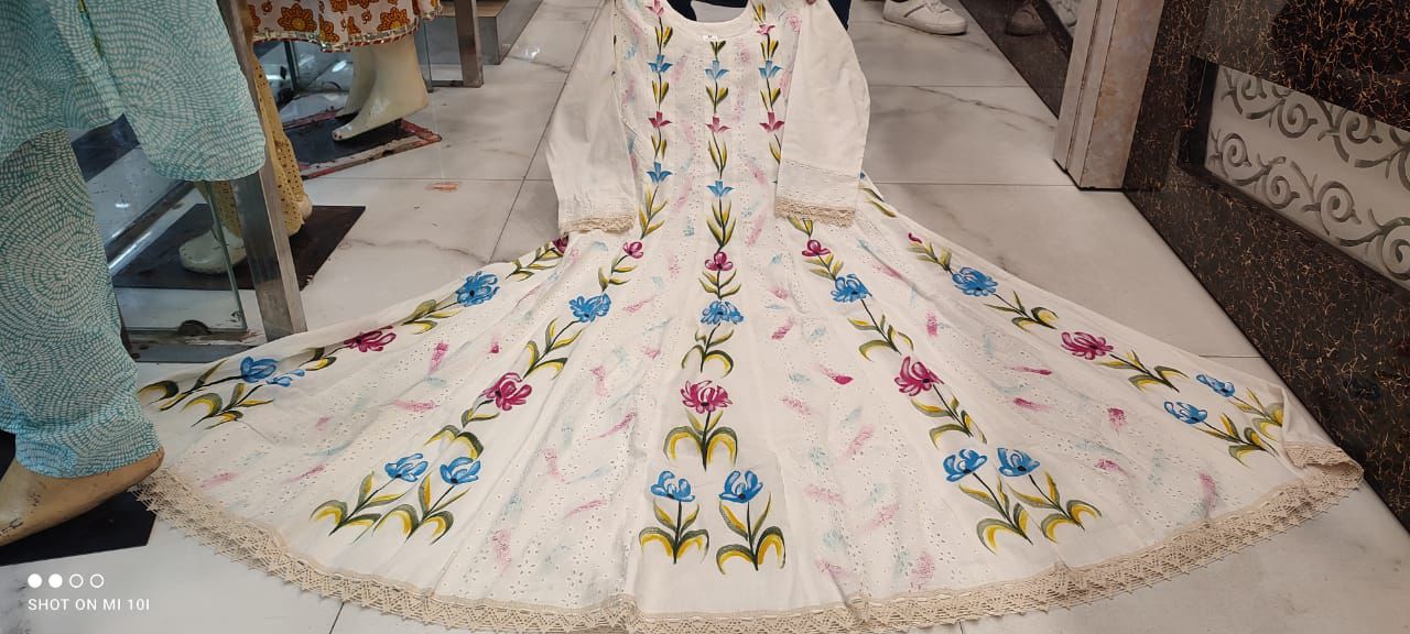 Off-White Anarkali Chicken Sifli Work Set with Mul mul Dupatta.