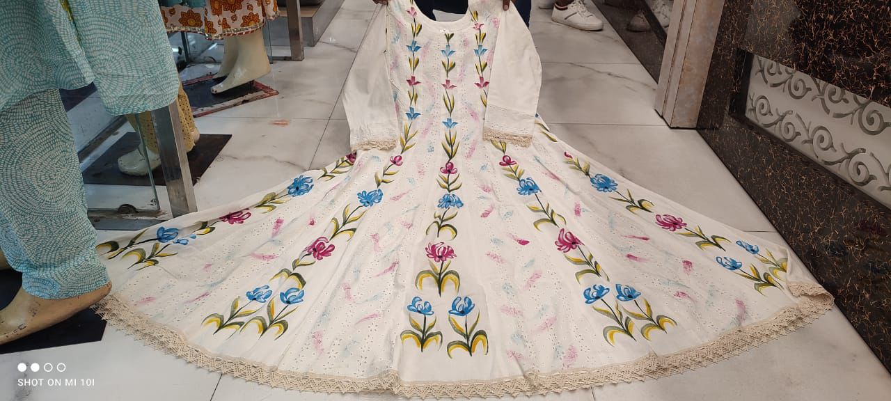 Off-White Anarkali Chicken Sifli Work Set with Mul mul Dupatta.
