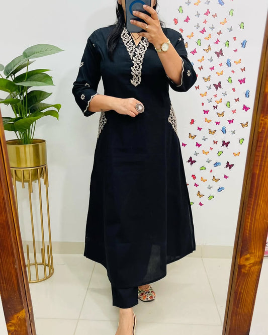 Elegant Black Straight-Cut Kurti with White Embroidery.