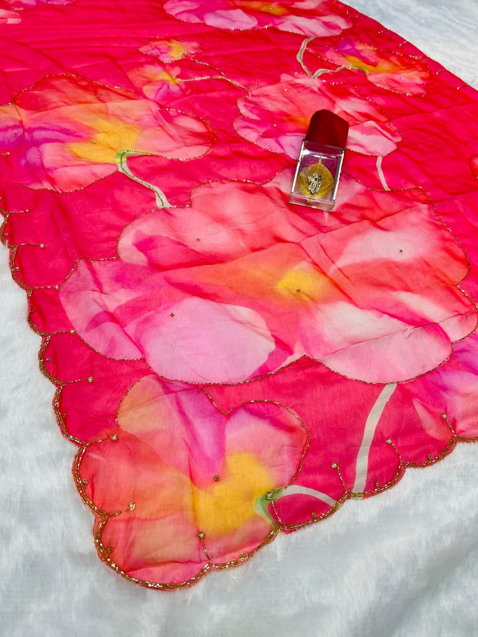 Radiant Pink Tebi Silk Saree with Digital Floral Prints & Val Moti Handwork
