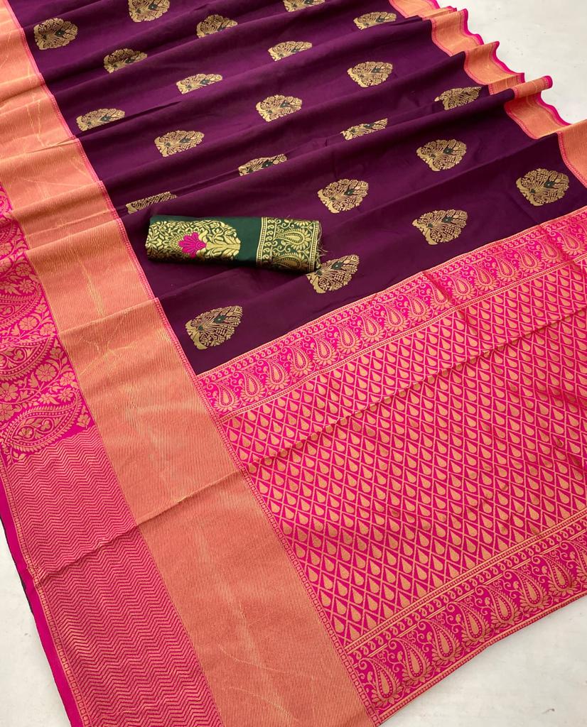 Regal Maroon Copper Soft Litchi Silk Saree with Zari Weaving.