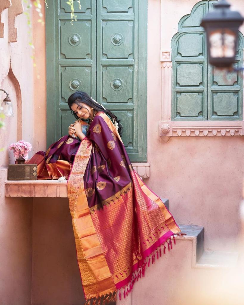 Regal Maroon Copper Soft Litchi Silk Saree with Zari Weaving.
