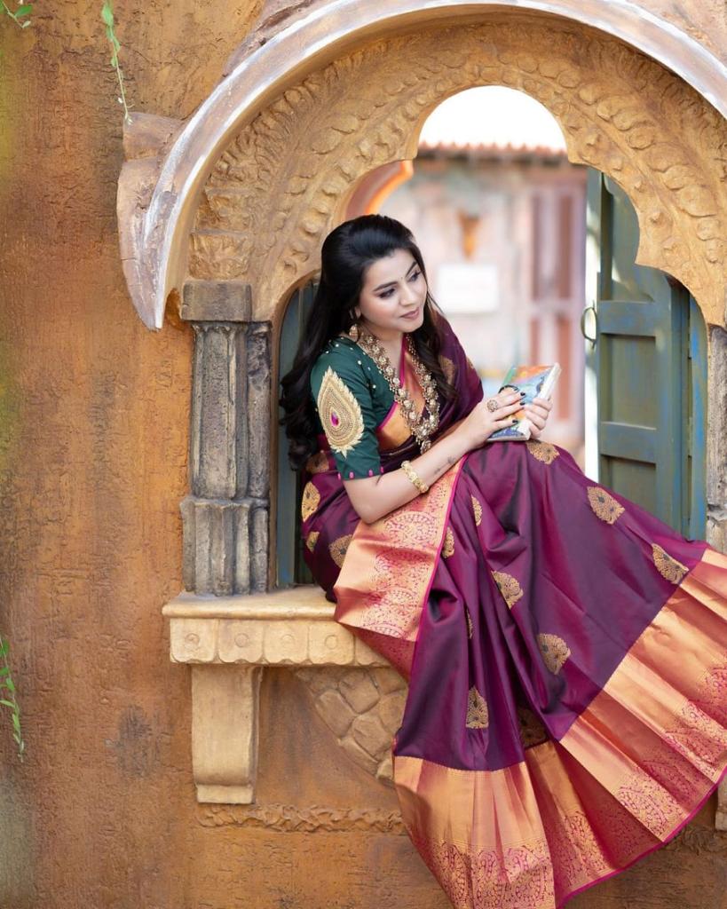 Regal Maroon Copper Soft Litchi Silk Saree with Zari Weaving.