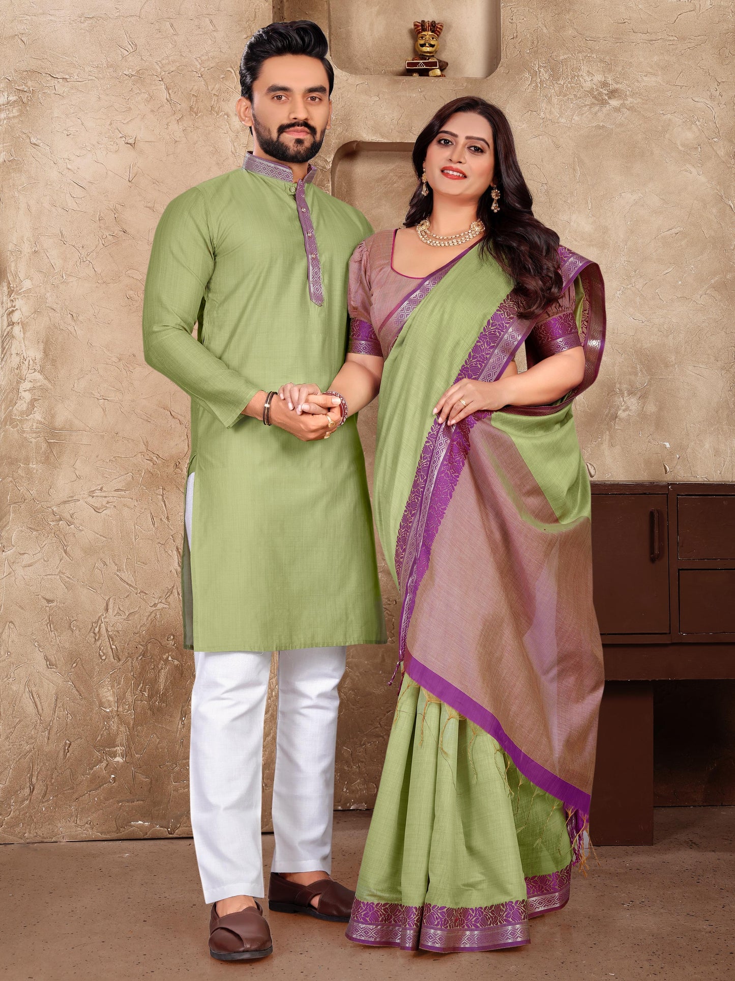 Elegant Couple Set – Linen Silk Saree & Kurta Combo for Special Occasions