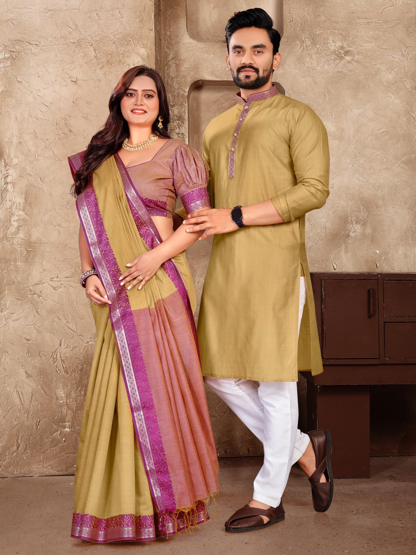 Elegant Couple Set – Linen Silk Saree & Kurta Combo for Special Occasions