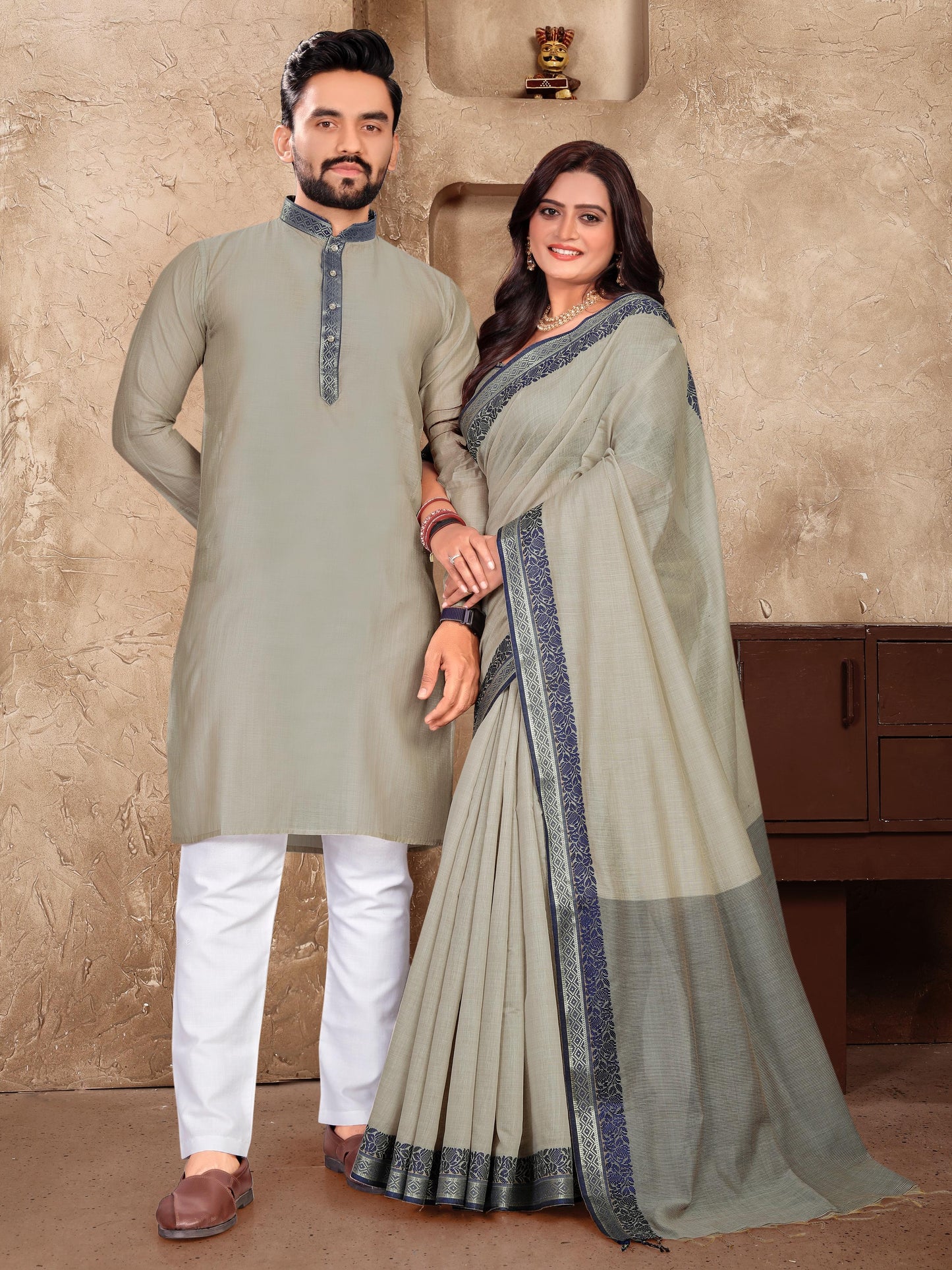 Elegant Couple Set – Linen Silk Saree & Kurta Combo for Special Occasions