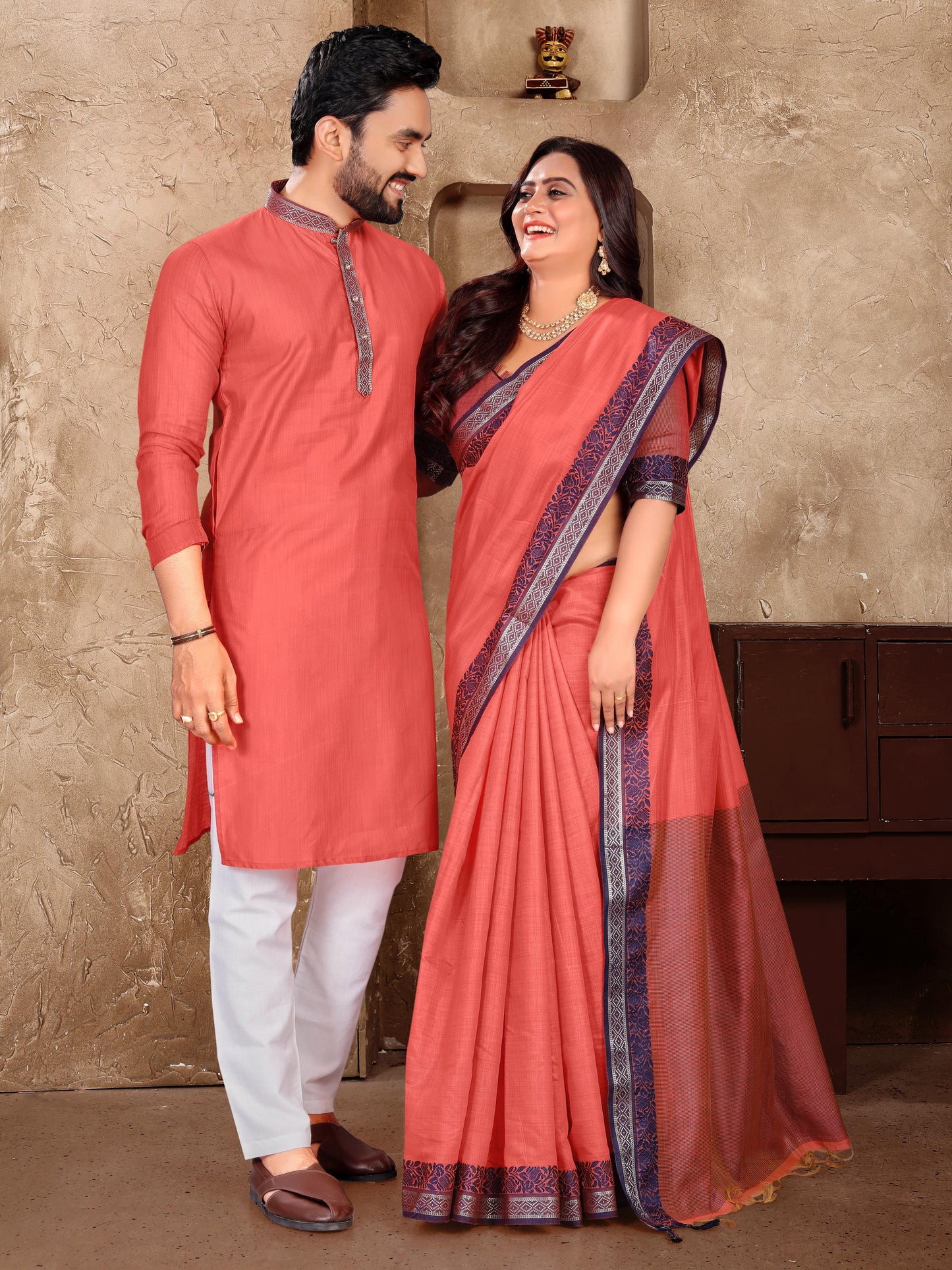 Elegant Couple Set – Linen Silk Saree & Kurta Combo for Special Occasions