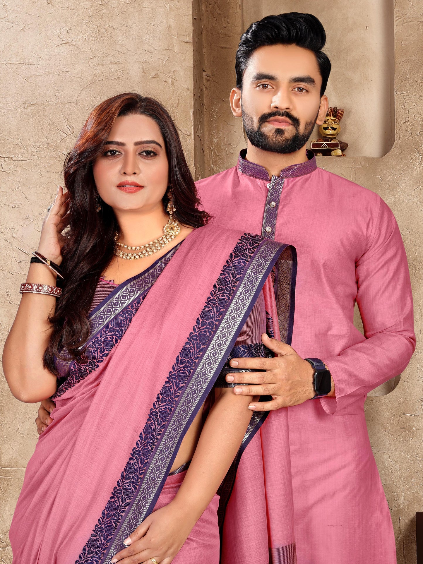 Elegant Couple Set – Linen Silk Saree & Kurta Combo for Special Occasions