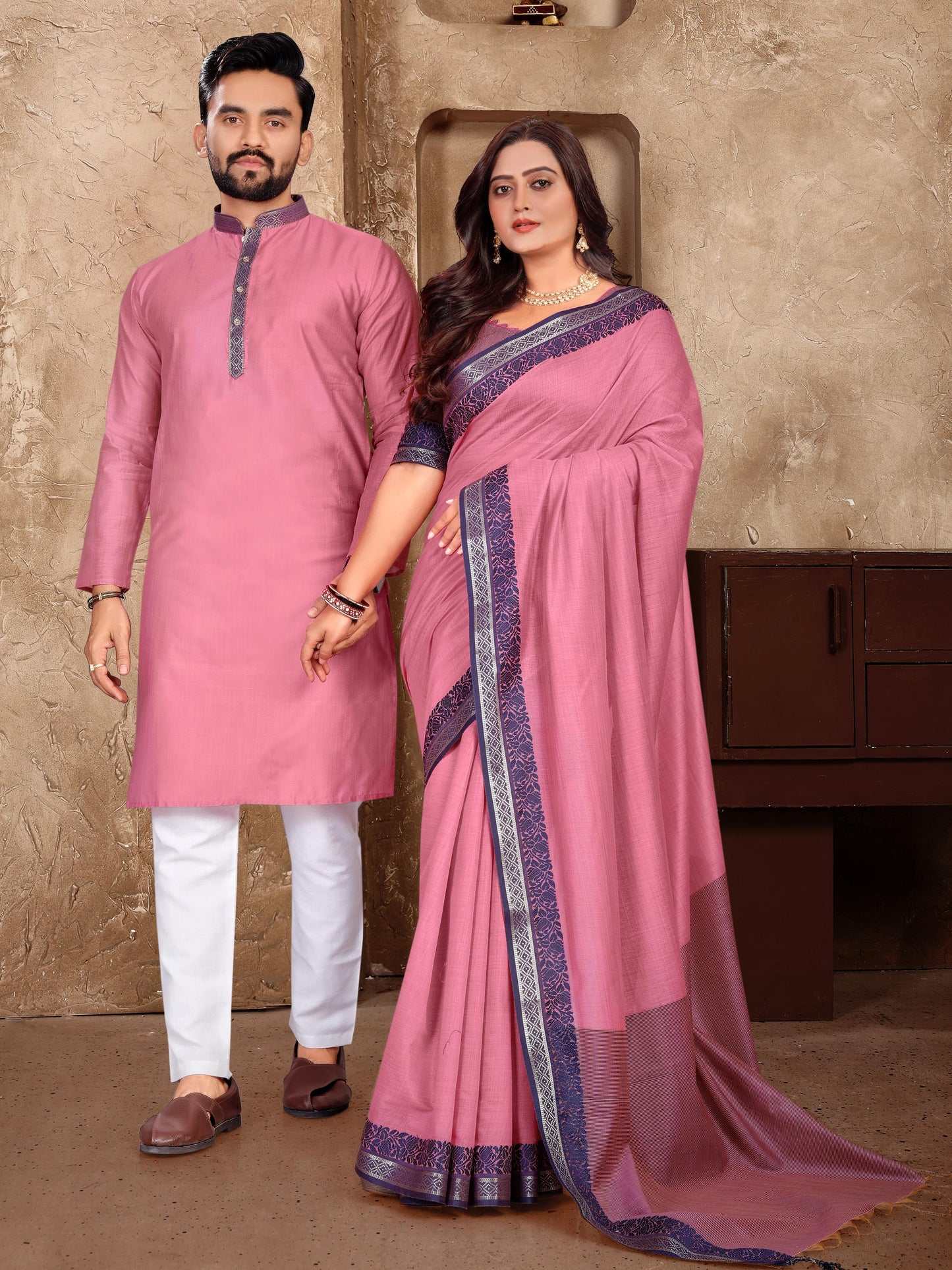 Elegant Couple Set – Linen Silk Saree & Kurta Combo for Special Occasions