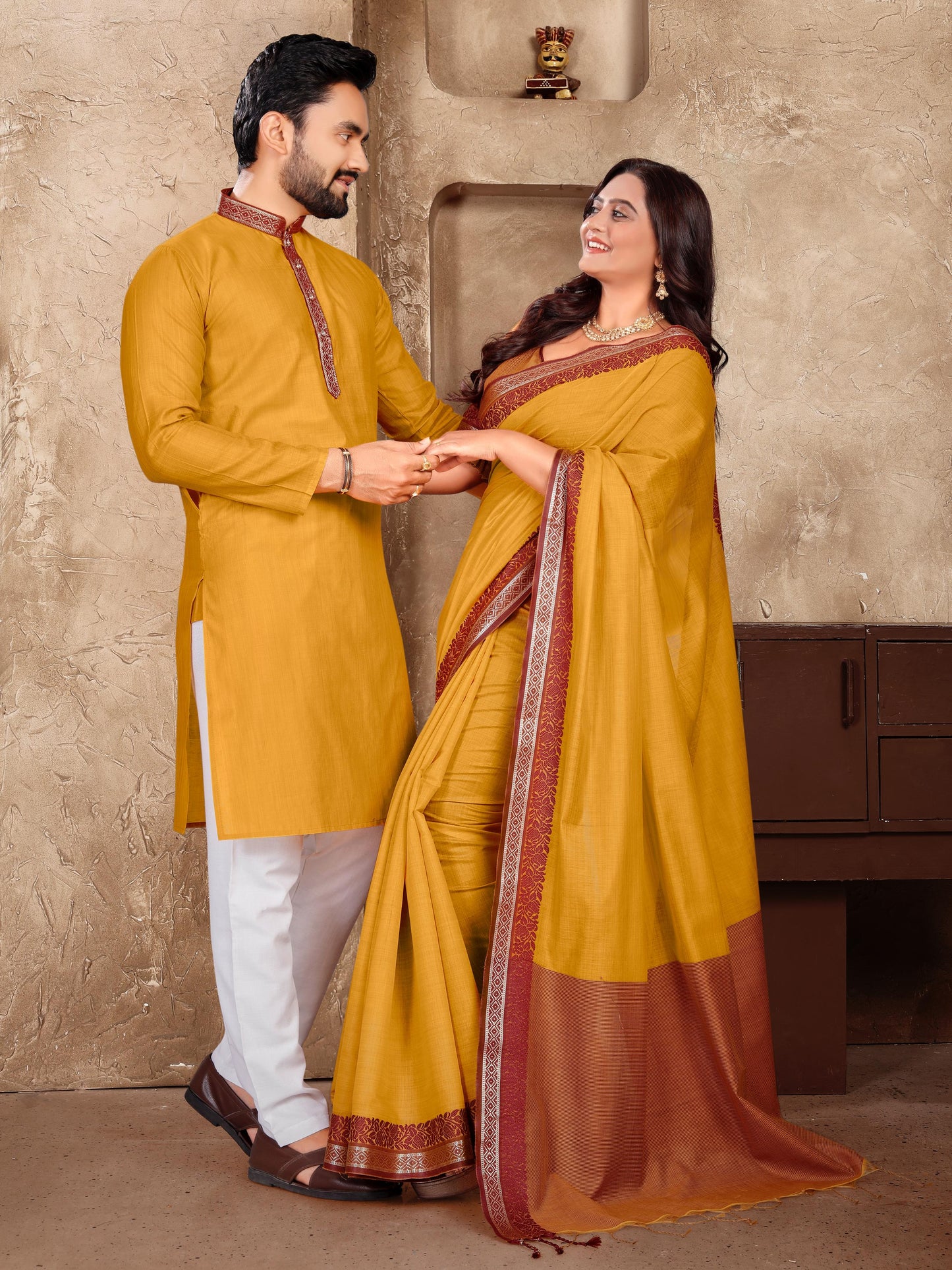 Elegant Couple Set – Linen Silk Saree & Kurta Combo for Special Occasions